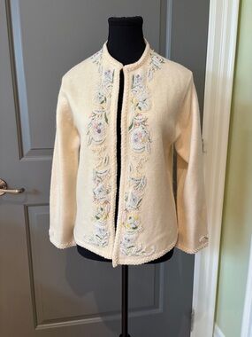 Vintage Cream Embroidered Open-Front Cardigan